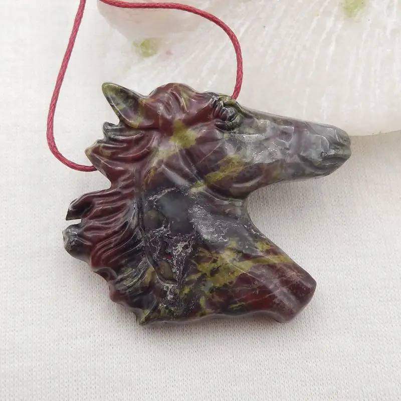 

Semiprecious Natural Stone Dragons Blood Jasper Carved Horse Pendant Bead,42x38x8mm,23g Fashion Jewelry Necklace Accessories