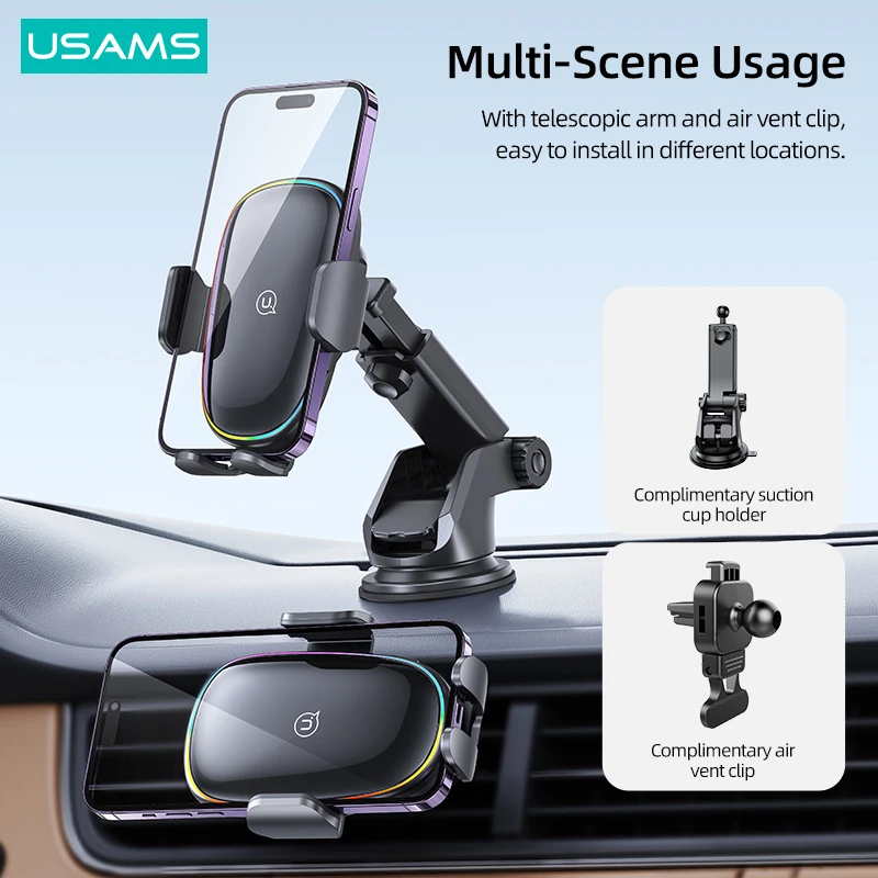 USAMS 15W Wireless Charging Car Holder With Colorful Light Car Bracket Phone Stand For iPhone Xiaomi Huawei Samsung Phone