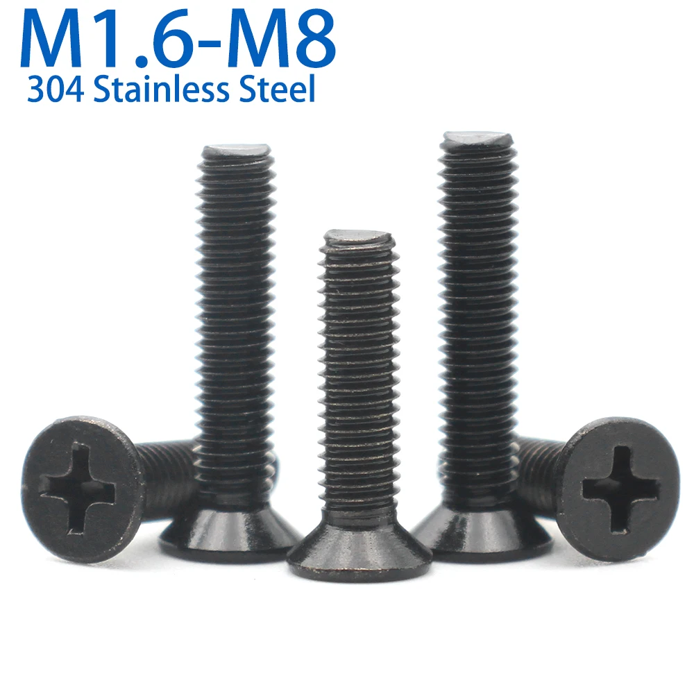 

5-50 шт. M1.6 M2 M2.5 M3 M4 M5 M6 M8 Черный болт из нержавеющей стали 304 с крестообразным шлицем и плоской потайной головкой Длина винта: 3–60 мм