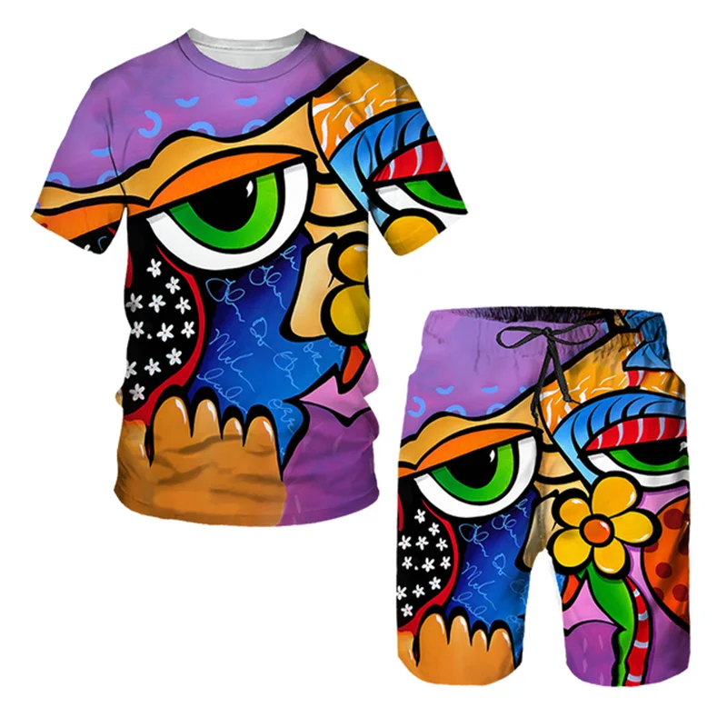 Abstract Characters Pattern T Shirt For Men Casual Shorts Funny Harajuku Streetwear Fashion Short Sleeve Tops 2 Piece Outfit Set
