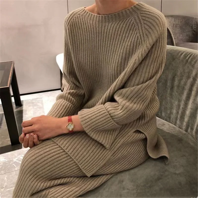 

2023 Autumn Winter Knitted Sweater Two-Piece Set Women Turtleneck Top Warm Suits Female Casual Pullover Tracksuits Thick Pants
