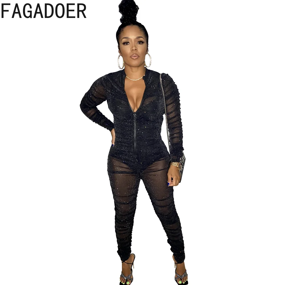 FAGADOER Black Sexy Mesh Perspective Jumpsuits Women Zipper Deep V Long Sleeve Slim Playsuits Spring Female Nightclub Bodysuits