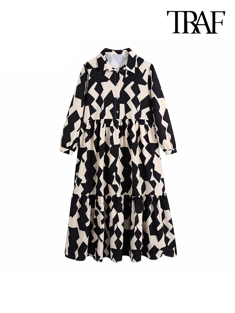 

TRAF Women Fashion Geometric Print Ruffled Midi Dress Vintage Three Quarter Sleeve Button-up Female Dresses Vestidos