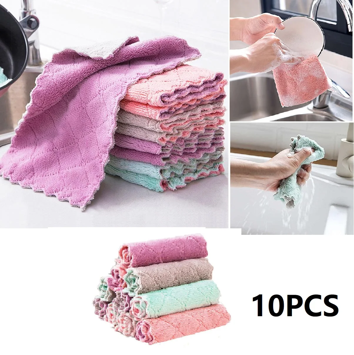 

10PCS Random Colors Microfiber Velvet Cleaning Cloth Household Kitchen Quickly Absorbs Water Towel Rag Scouring Pad 15*25 Cm