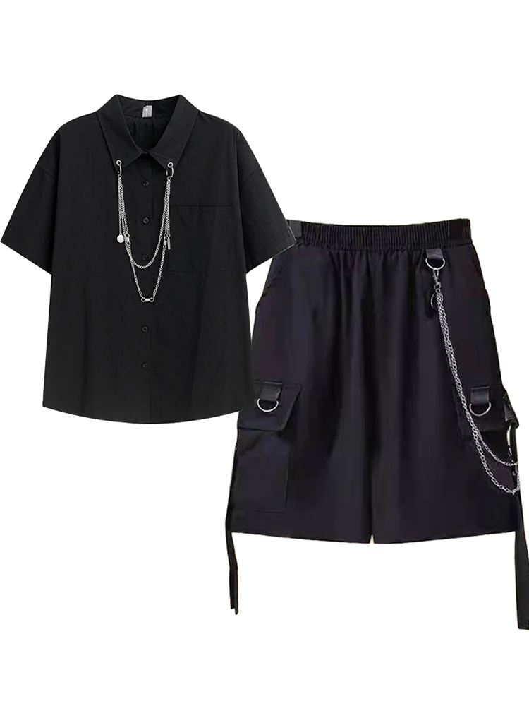 

Summer Unisex 2 Piece Suit Cargo Shorts+Chain T Shirt Streetwear Loose Shorts Set Loose Two Piece Shirt Women Blouse Fashion