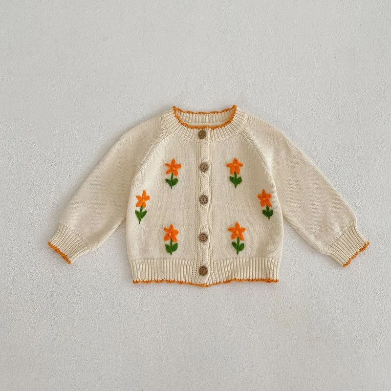 

Autumn Baby Clothes Round Neck Girls Sweaters Floral Embroidery Toddler Knitwear Baby Girl Cardigan
