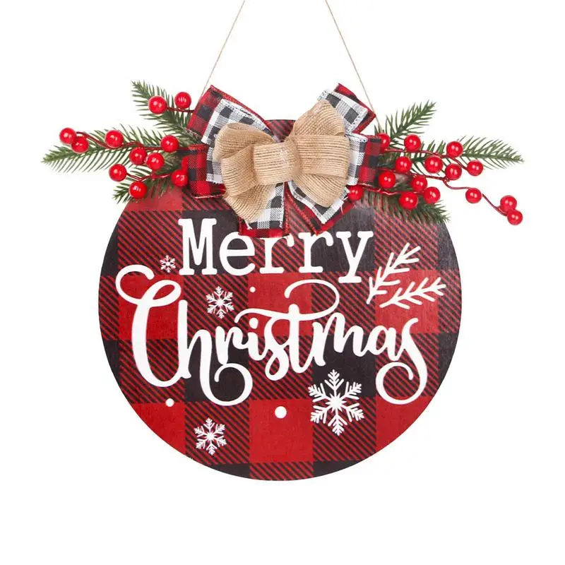 

Деревянный Рождественский знак, рождественские украшения, венок, Рождественский висячий знак с клетчатым бантом, деревенский дом, дверной знак для крыльца