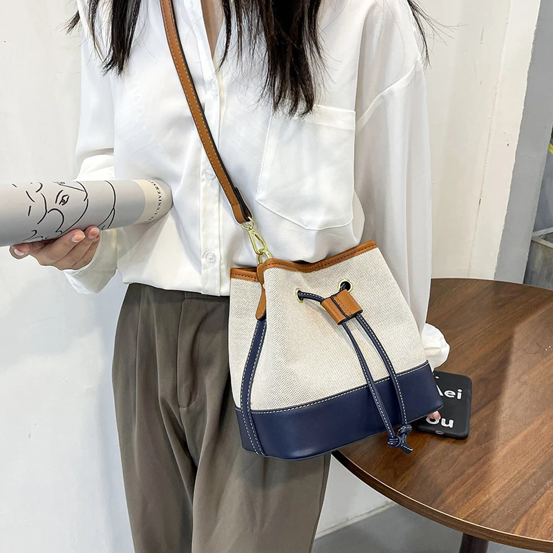 Fashion Canvas Bucket Shoulder Bag Women Contrast Color Drawstring Crossbody Tote Female Portable Messenger Bags Ladies Handbags