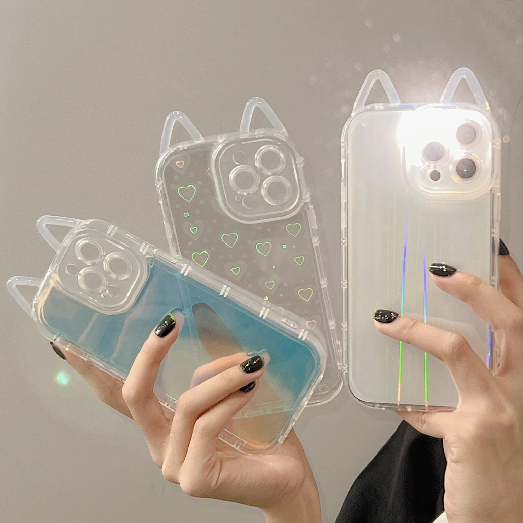 

Корея 3D кошачьи ушки Аврора лазерное Сердце прозрачный силиконовый чехол для iphone 12 11 Pro Max 13 XR X XS милый прозрачный мягкий чехол