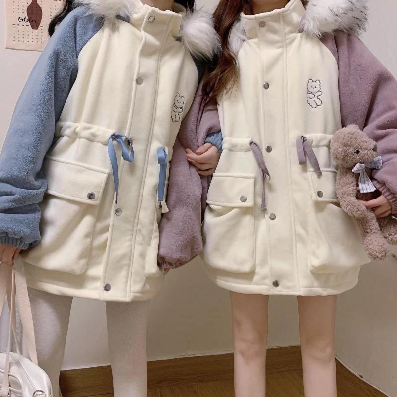 

Kawaii Japanese New Winter Preppy Style Soft Girly Coat Sweet Cartoons Embroidery Bear Cute Hooded Cute Keep Warm Cotton Clothes