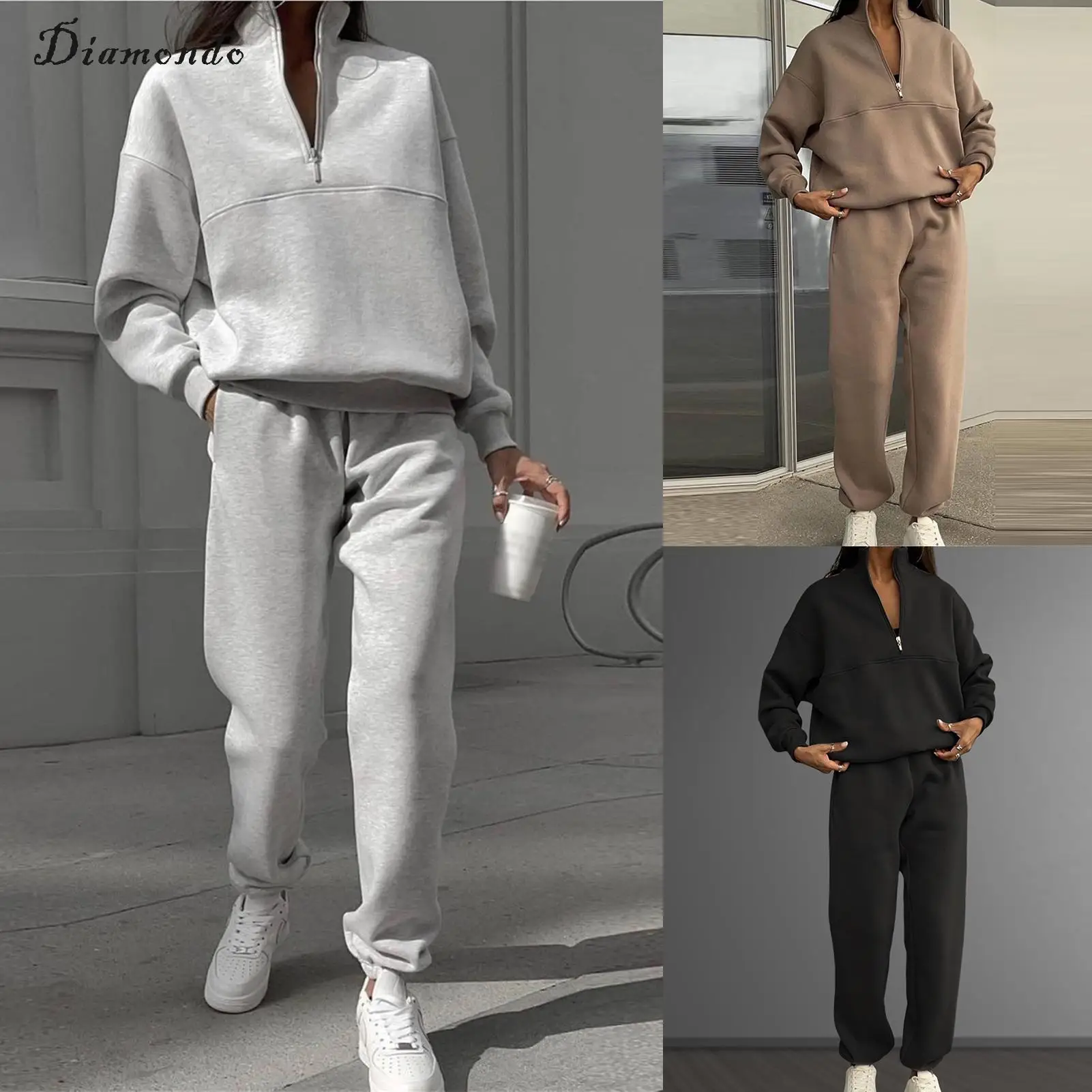 

Stand Collar Long Sleeve Hoodie Pants Solid Color Women 2 Pieces Sweatshirt Set Sports Style Casual Shirt Top Pants Daily Outfit
