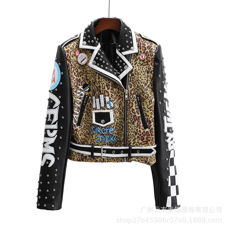 European And American Fashion Printed Short Women'S Leather New Motorcycle Jacket Personality Slim Trend Graffiti Black enlarge