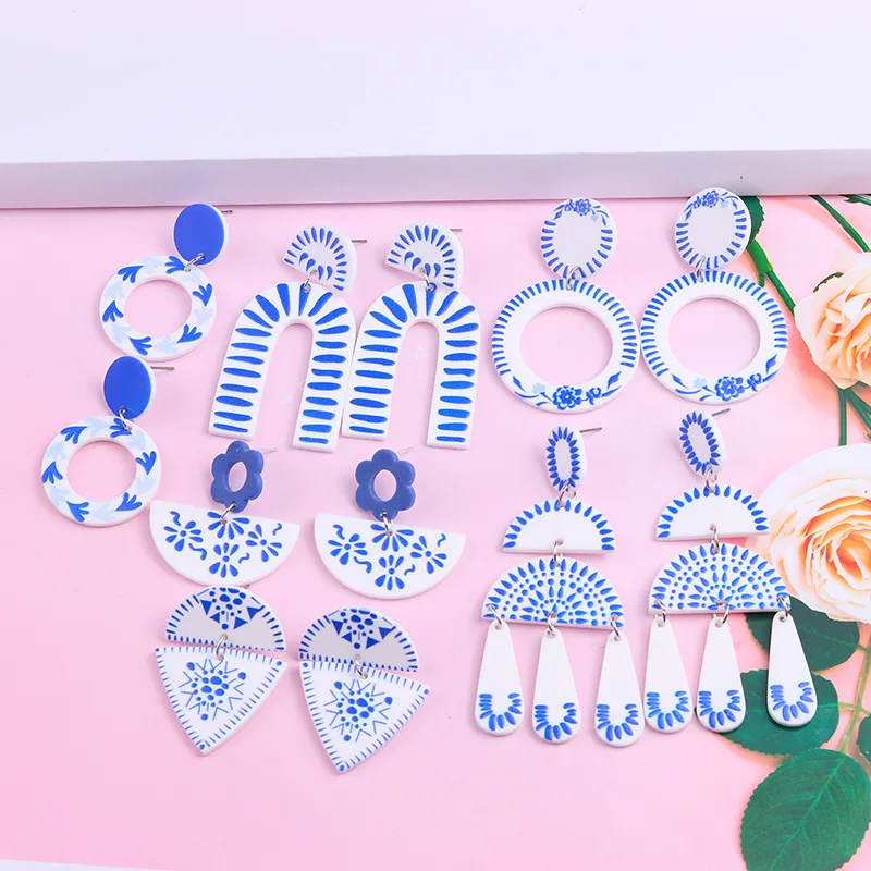 

U-Magical Korean Flower Blue White Porcelain Dangle Earings for Women Fairy Geometric Circle Arcylic Hollow Earings Jewelry