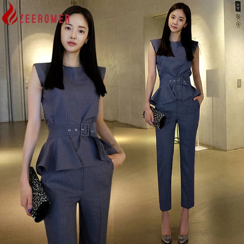 

2023 Summer Fashion Business Office 2Piece Set Women O-Neck Sleeveless Ruffle Striped Belt Top + High Waist Slim Long Pants Suit
