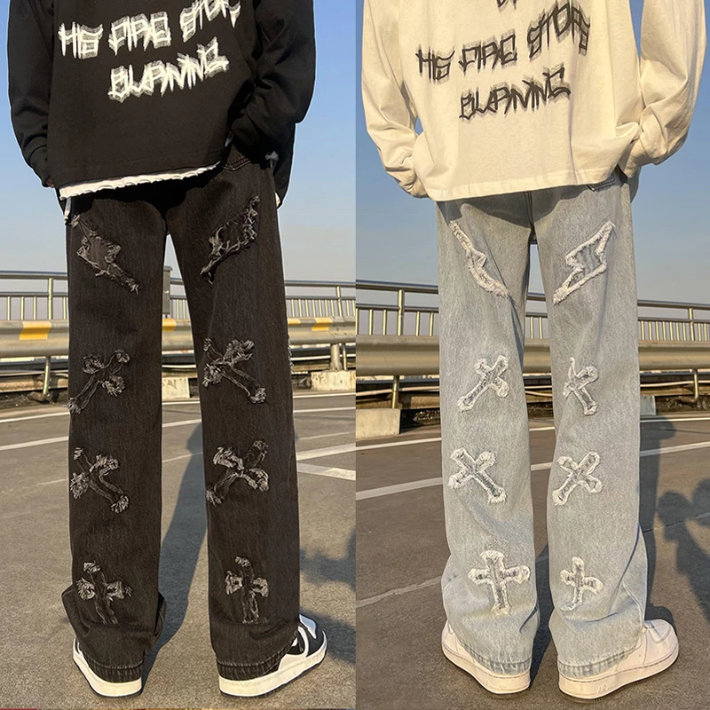 

Y2K Men's Korean Fashion Casual Wide Leg Denim Trousers Straight Men Low Rise Cargo Jeans Asthetic Pants Baggy Hip Hop Clothes