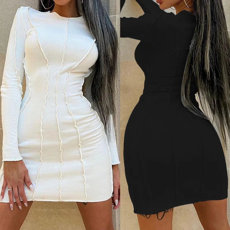 

Women Party Night Dress Long Sleeve Dresses Women Soild Color Slim Package Hip Mini Dress Female Clothing One Piece Skirt