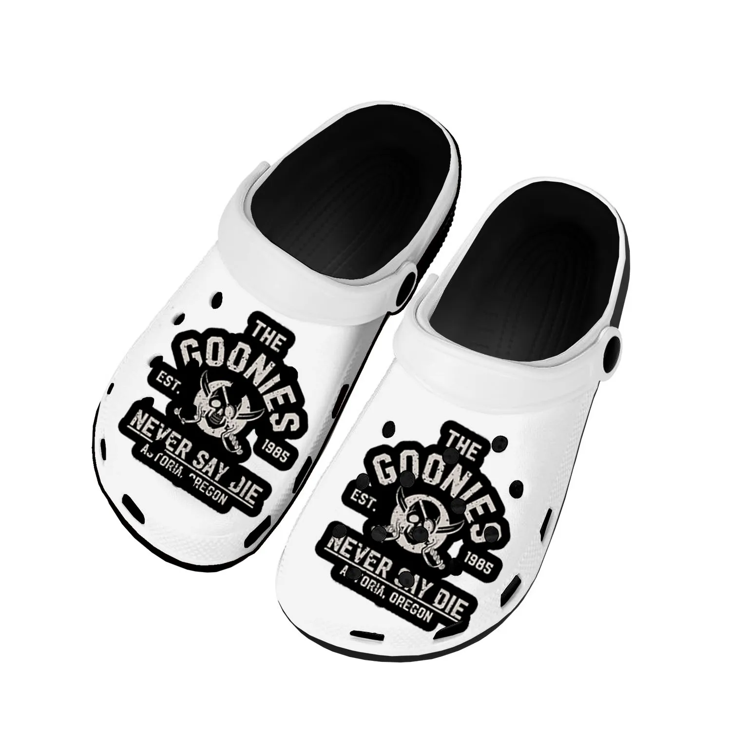 

Goonies Never Say Die Skull Rock Home Clogs Custom Water Shoes Mens Womens Teenager Shoes Clog Breathable Beach Hole Slippers