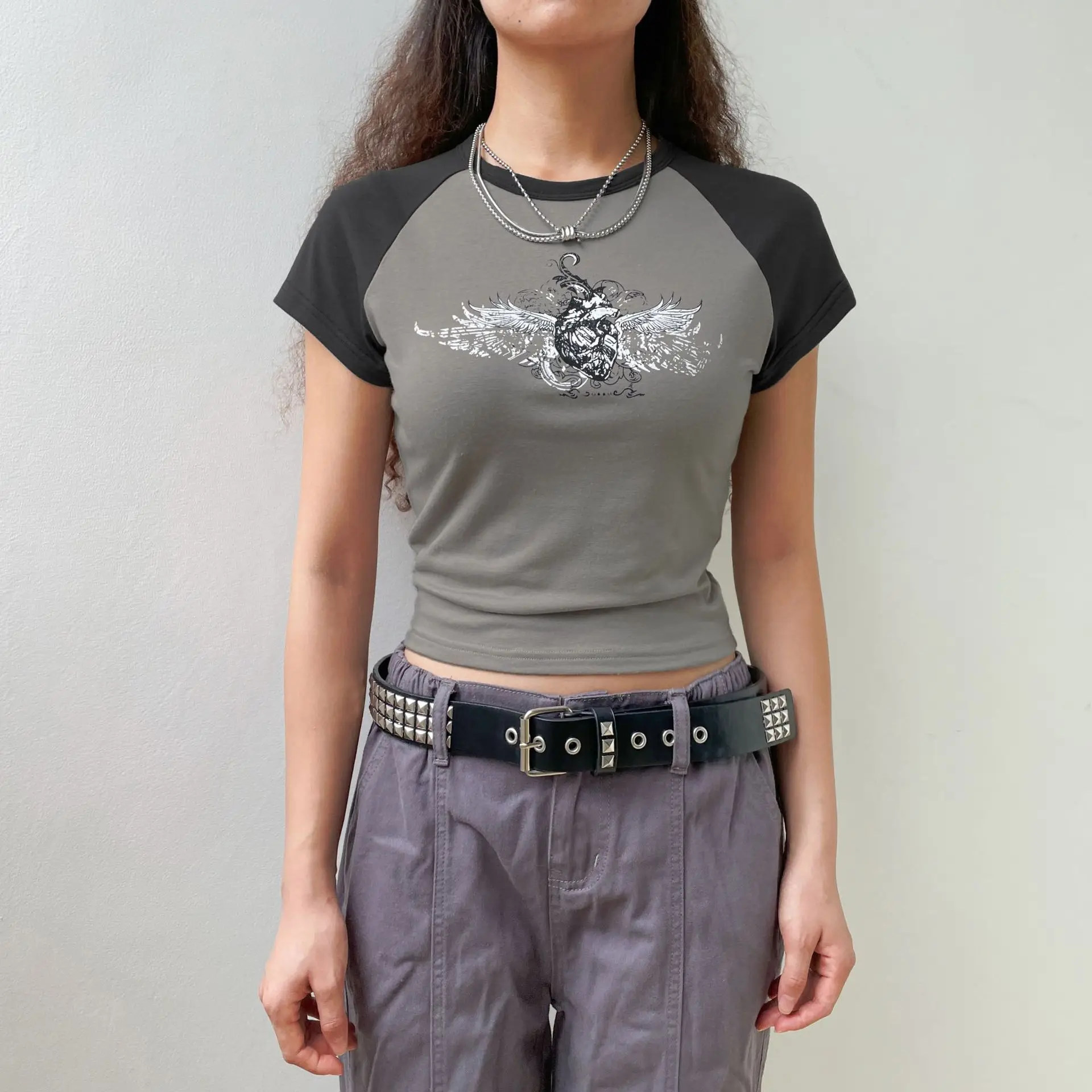 

American Retro Printed Round Neck Short Sleeve T-Shirt 2022 Summer Women's New Contrast Color Raglan Slim Fit Casual Top