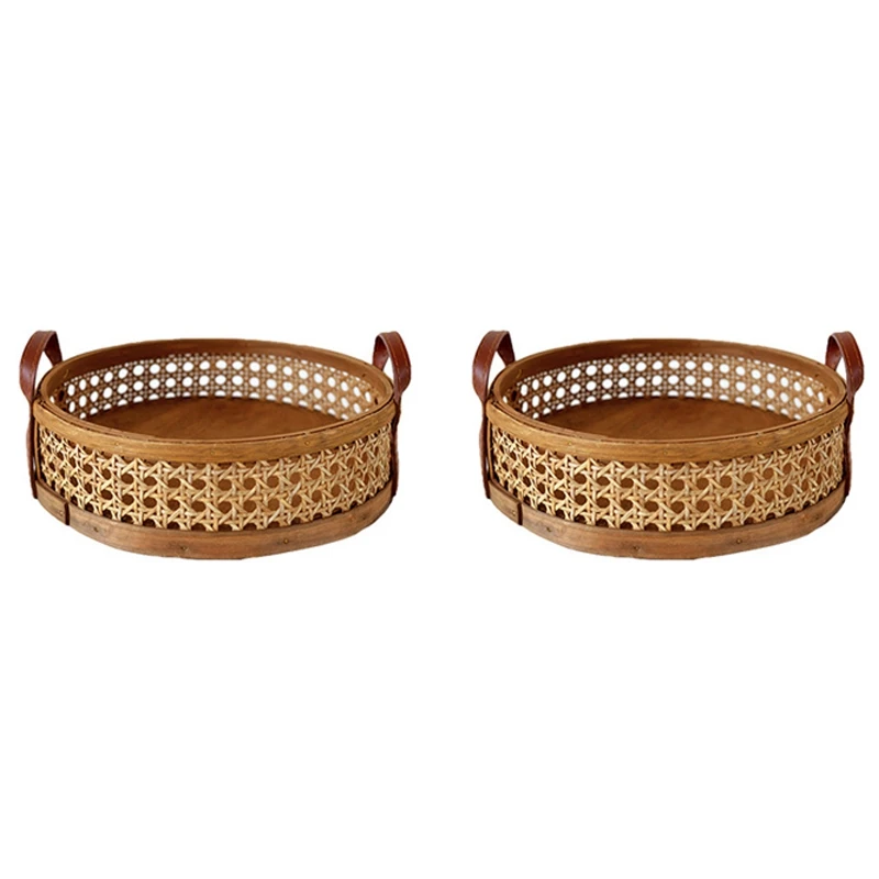 

2X Rattan Woven Storage Basket Home Living Room Round Placing Tray For Fruit Bread Breathable Desktop Organizer -Brown Promotion