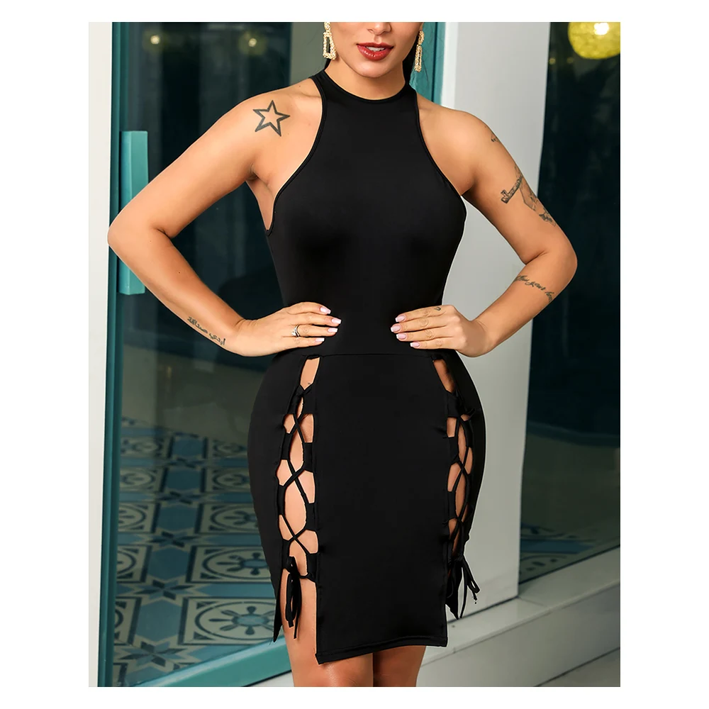 

Chicme Women Lace-Up Tied Detail Cutout Bodycon Dress Sleeveless Mini Dress Round Neck Black Dress Short Sexy Fashion Vestidos