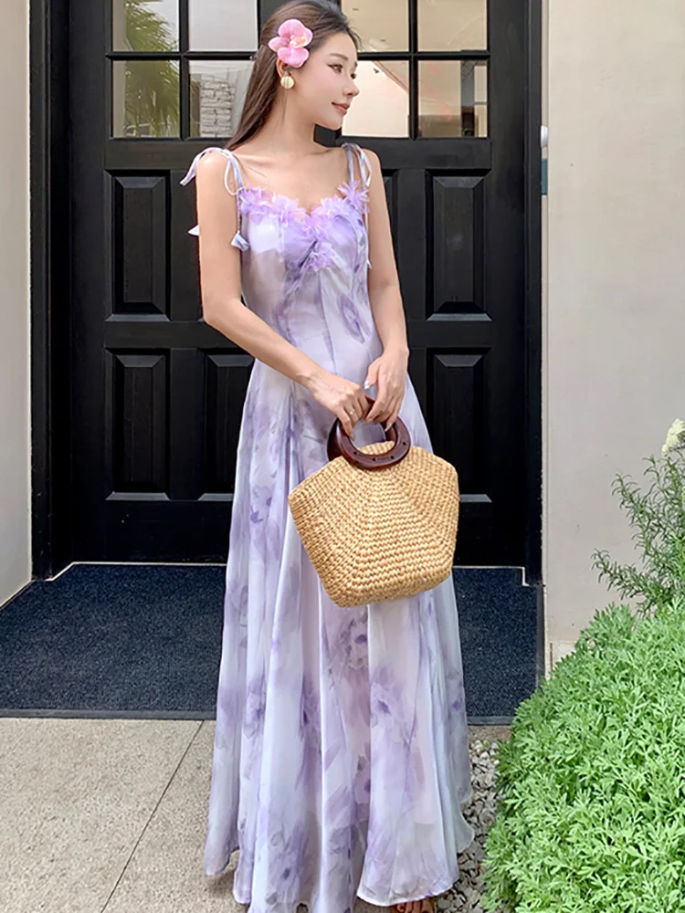 Женское шифоновое платье-макси на бретельках фиолетовое повседневное