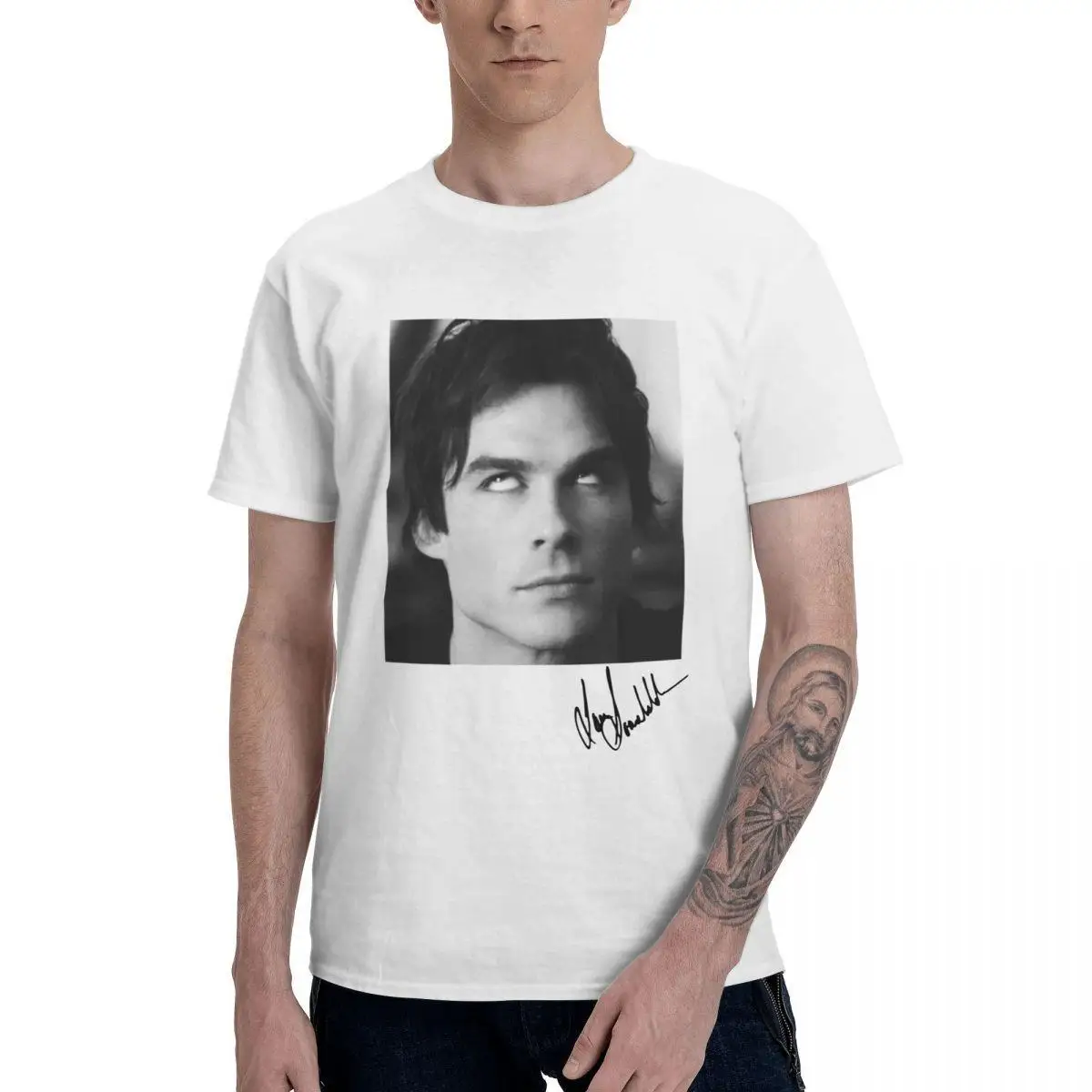 

Ian Somerhalder The Vampire Diaries Damon T-Shirt Men Funny Pure Cotton Tees Crew Neck Short Sleeve T Shirts Big Size Tops