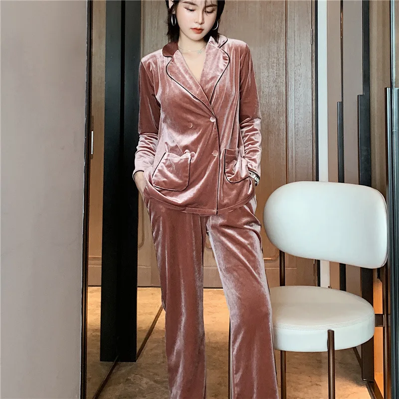 Women's 2PCS Outfits Golden Velvet Pyjamas Winter Warm Sleepwear Homewear Nightwear For Winter Christmas Home Clothing