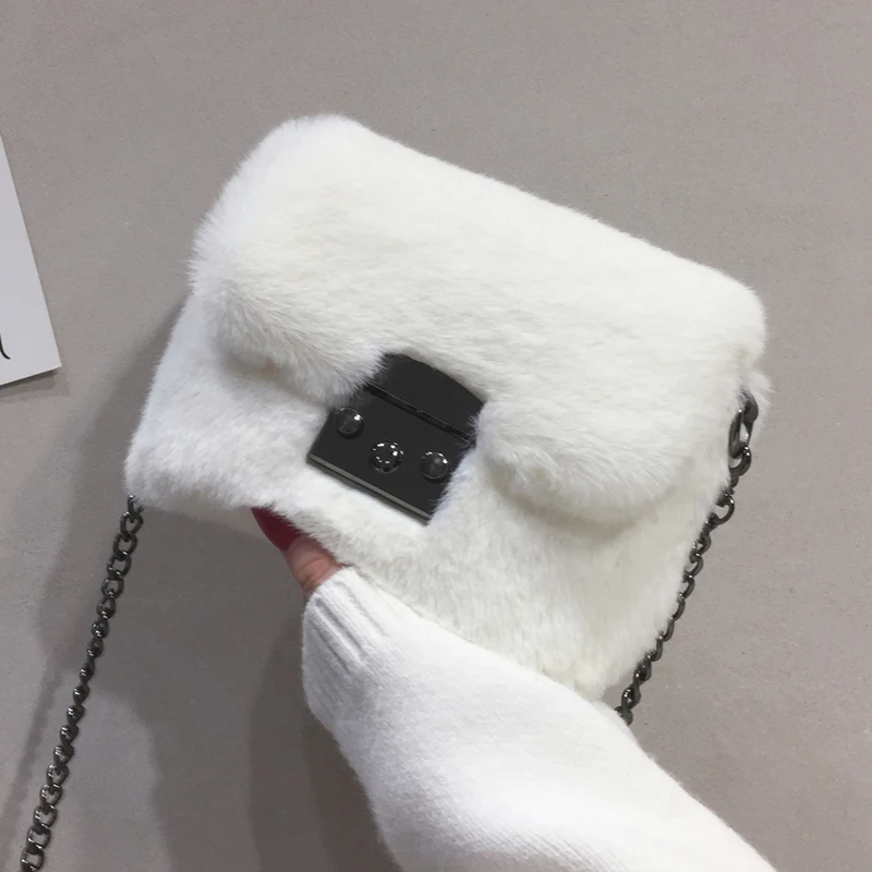 

Brand Designer Women Chain Crossbody Bag Shoulder Handbag Faux Rabbit Fur Bag Purse Fashion Winter New Mini Handbags