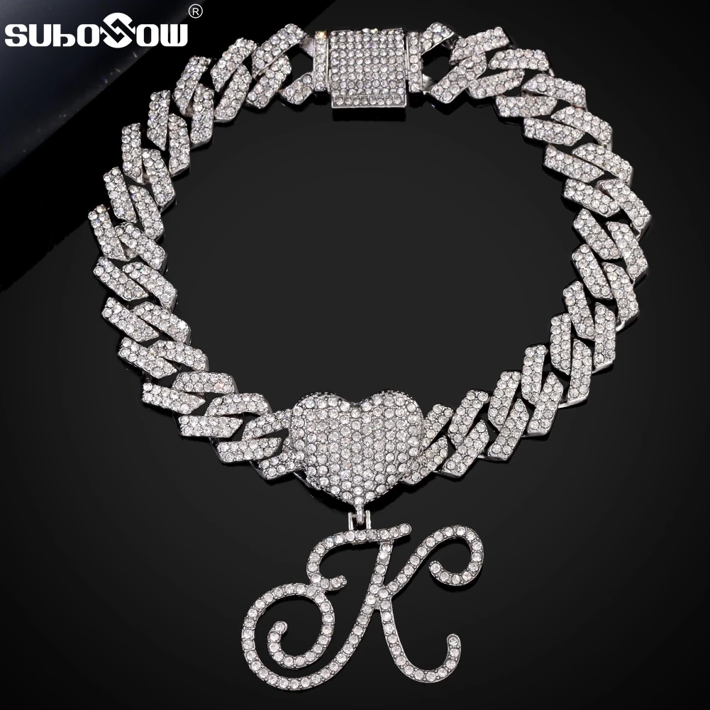 

Initial Cursive Prong Cuban Link Chain Iced Out Anklet For Women Silver Color Bling Hip Hop Heart Anklet Bracelet Foot Jewelry