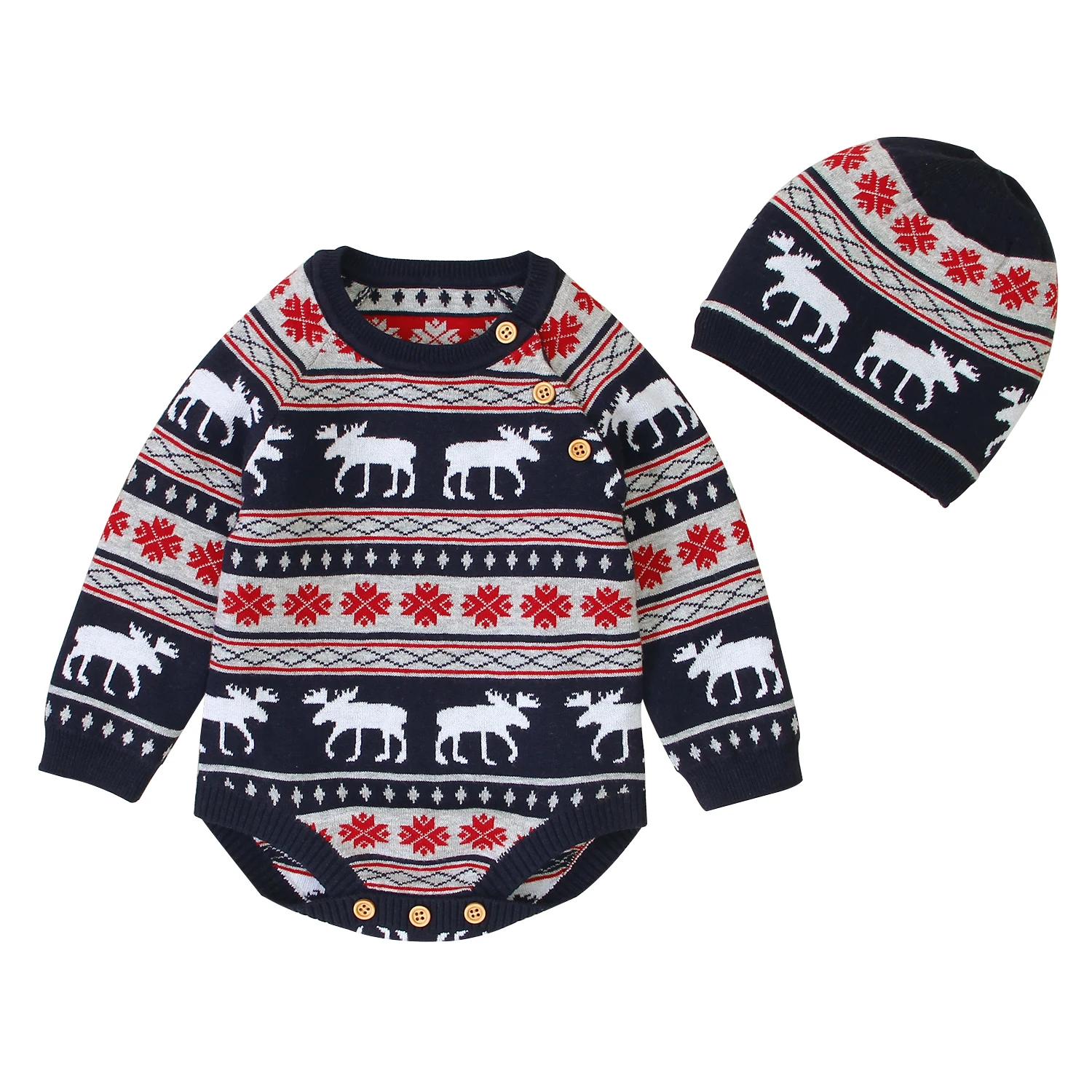 

Baby Bodysuits Clothes Red Christmas Pattern Newborn Boys Girls Cotton Jumpsuits Hats Caps Outfit Toddler Infant Knitted Costume