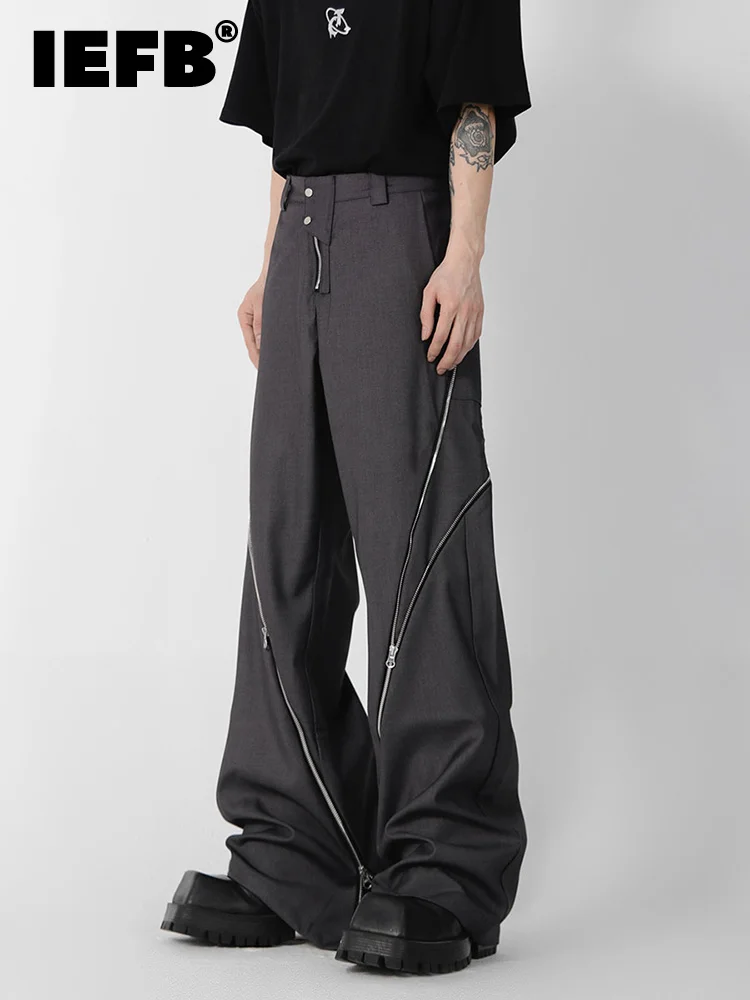 

IEFB Niche Design Zipper Slit Men Trousers Straight Tube Casual Pants 2023 Wide Leg Darkwear Solid Color Male Fashion 9A5414