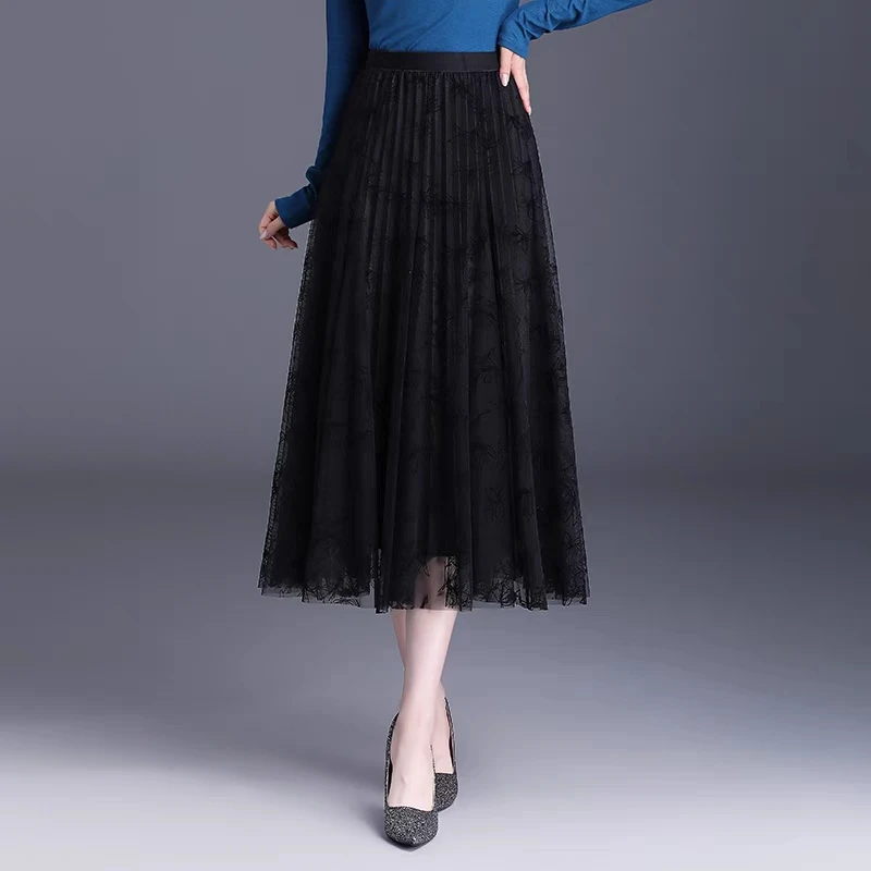 

Модные флокированные тюлевые плиссированные черные юбки средней длины Treutoyeu для женщин, Лоскутная трапециевидная юбка цвета хаки с высокой талией в Корейском стиле