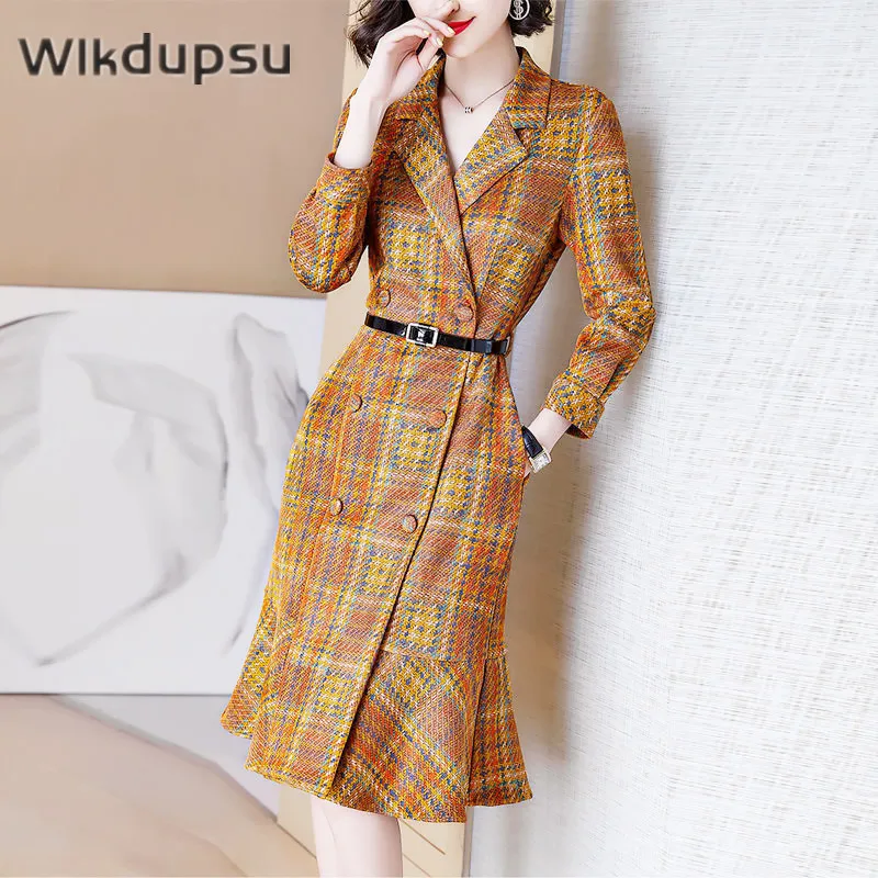 French Retro Plaid Midi Dress Women Autumn Winter Korean Vintage Check Print Casual Work Office Lady Blazer Dress Slim Vestidos