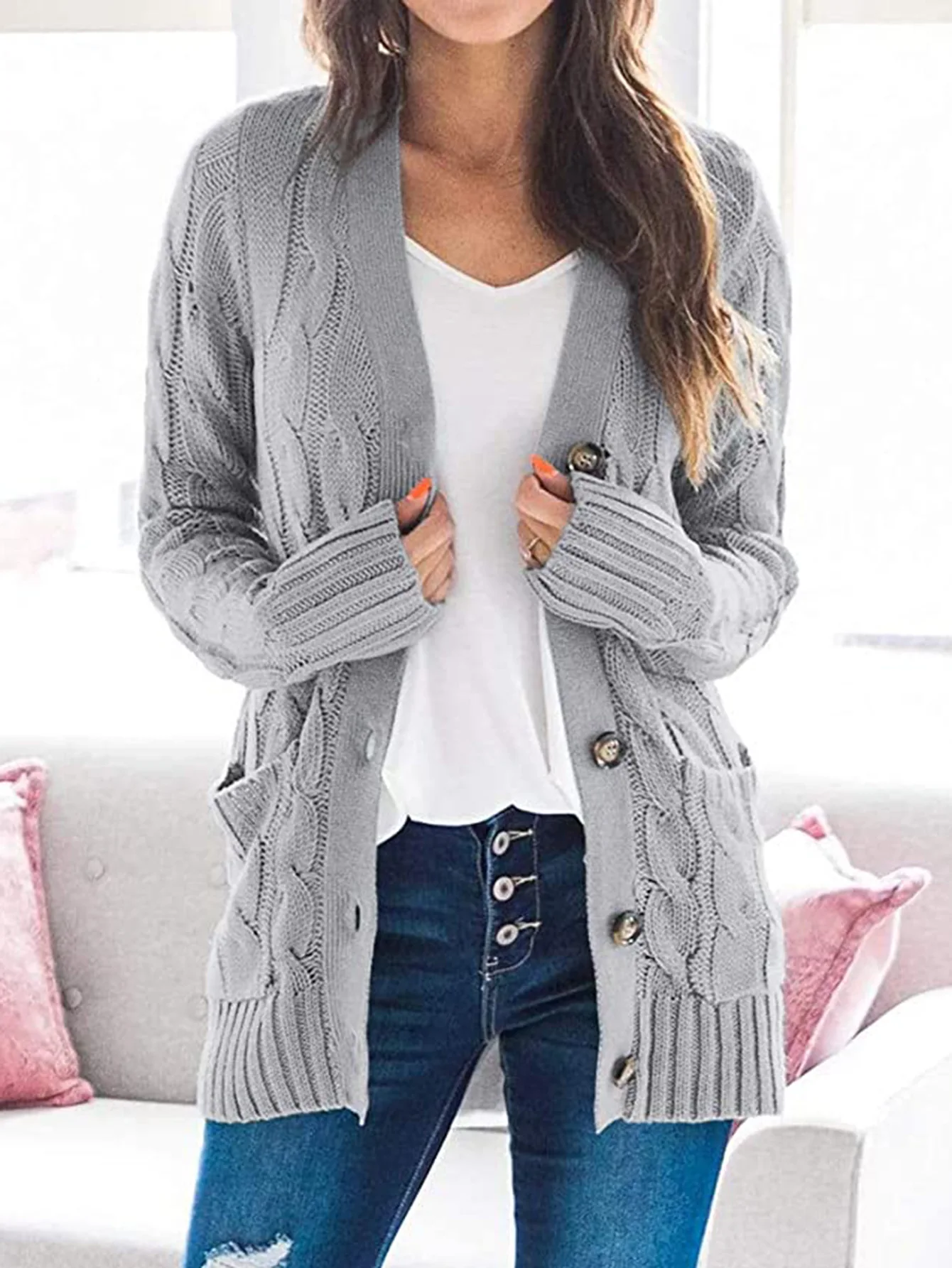 

Women's Knitted V-neck Sweater,Long Sleeve,Button Pockets,Loose Sweaters,Female Trendy Casual Ladies Clothes,Black,Winter2023