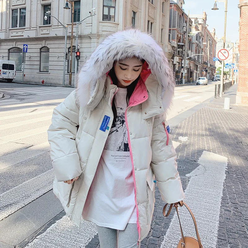 

Женское зимнее пальто с меховым капюшоном, Корейская свободная утолщенная куртка средней длины с хлопковой подкладкой, модное пальто Ry *
