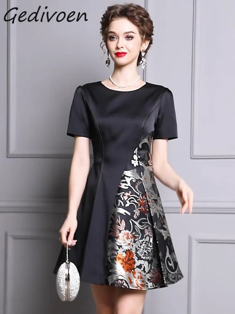 

Летнее модное дизайнерское винтажное Черное вечернее женское платье Gedivoen с круглым вырезом, повседневное короткое жаккардовое платье мини с высокой талией