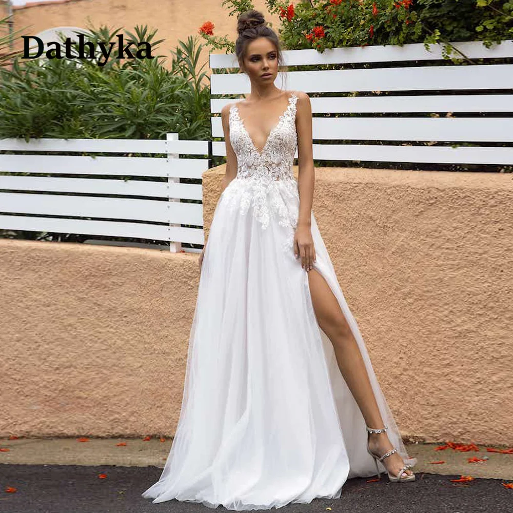 

Dathyka Elegant Slit Backless A-line Wedding Dresses Scoop Appliques Court Train Wedding Gowns Robe De Mariée Made To Order