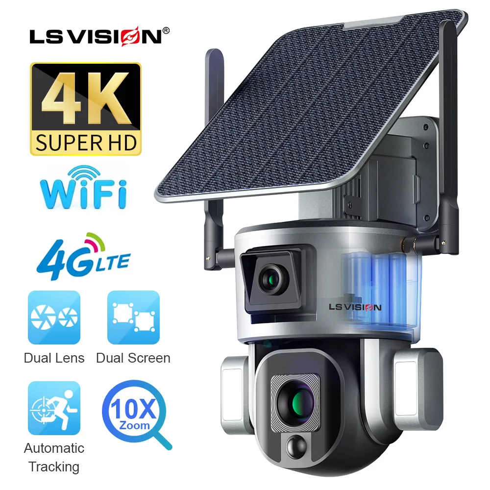 LS VISION 4K 8MP 4G/WIFI Wireless Solar Camera Dual Lens 10X Optical Zoom With Solar Panel Humanoid Tracking PTZ Security Cam