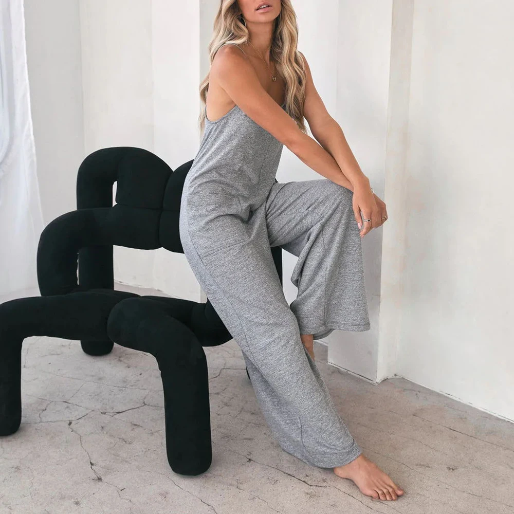 Jumpsuit For Women 2022 Fashion Grey Pocket Design Spaghetti Strap Casual Home Daily Chic Loose Wide Leg Cami Jumpsuit