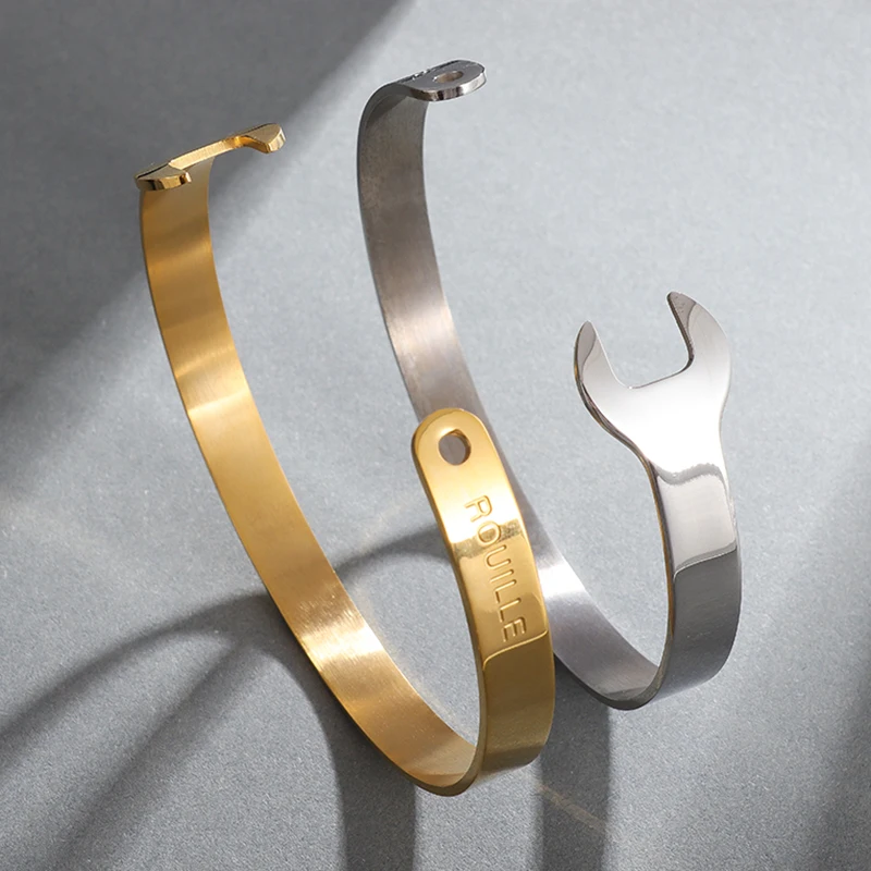 

Stainless Steel Polished Wrench Open Bracelet for Men and Women Hip-Hop Punk Style Bracelet Couple Memorial Gift