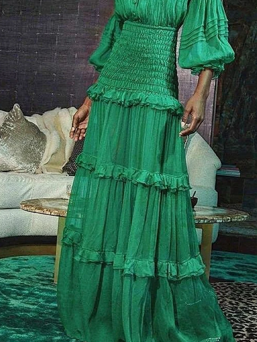 Элегантное длинное платье женское осеннее с воротником-фонариком и