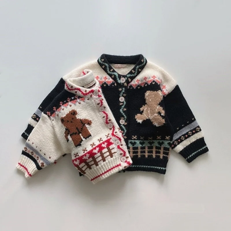 2023 Autumn Children Knitted Sweater Winter Cotton Soft Fashion Bear Knitted Boy Cardigan Girl Sweater Coat Knitted Baby Clothes