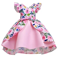 pink baby girl dress birthday party children clothes flower print bowknot v neck patchwork gown princess infant dresses 3 10y