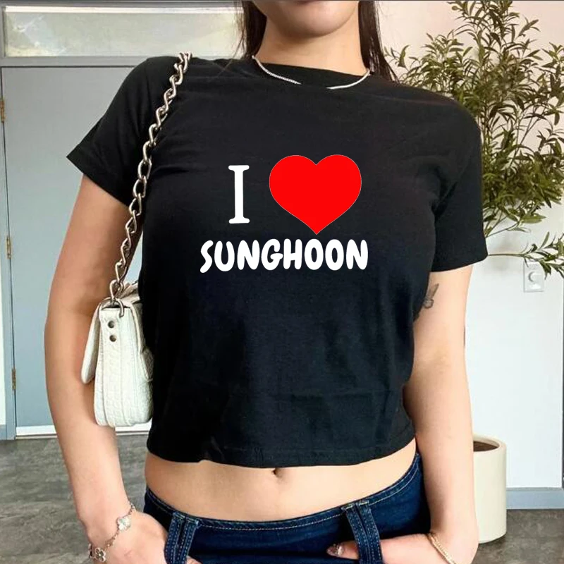 Корейские летние модные женские укороченные топы Harajuku I Love Heart Sunghoon Fans Gift Y2k 2000s