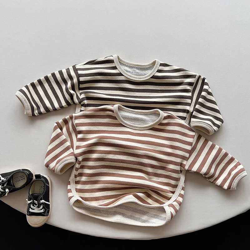 

Autumn New Children's Long-Sleeved Striped T-Shirt 2023 Korean Boys And Girls Terry Bottom Cotton Shirts Casual Kids Tops WTB74