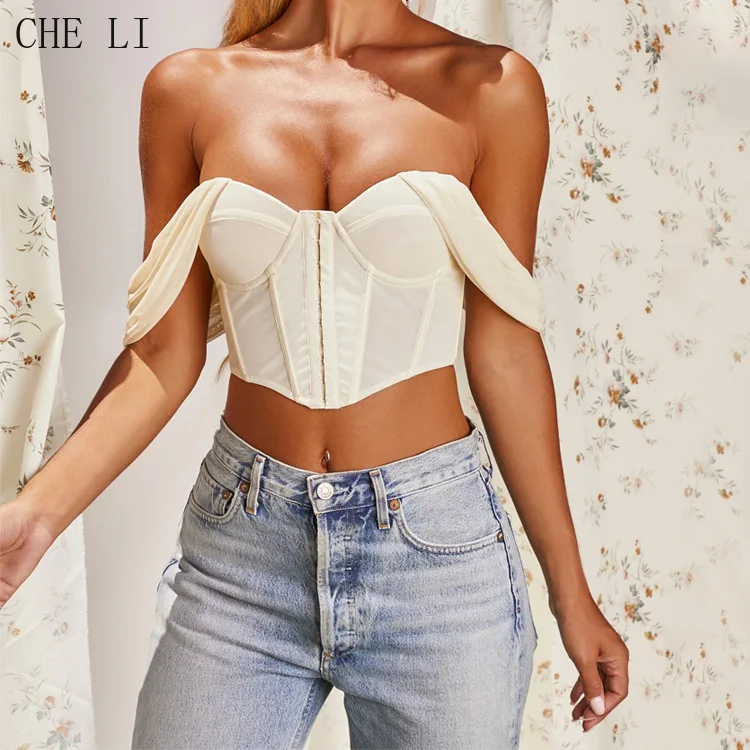 

2022 Summer New Women's Street Fashion One-shoulder Mesh Solid Color Sexy Wrap Chest Cropped Navel Vacation Short Top