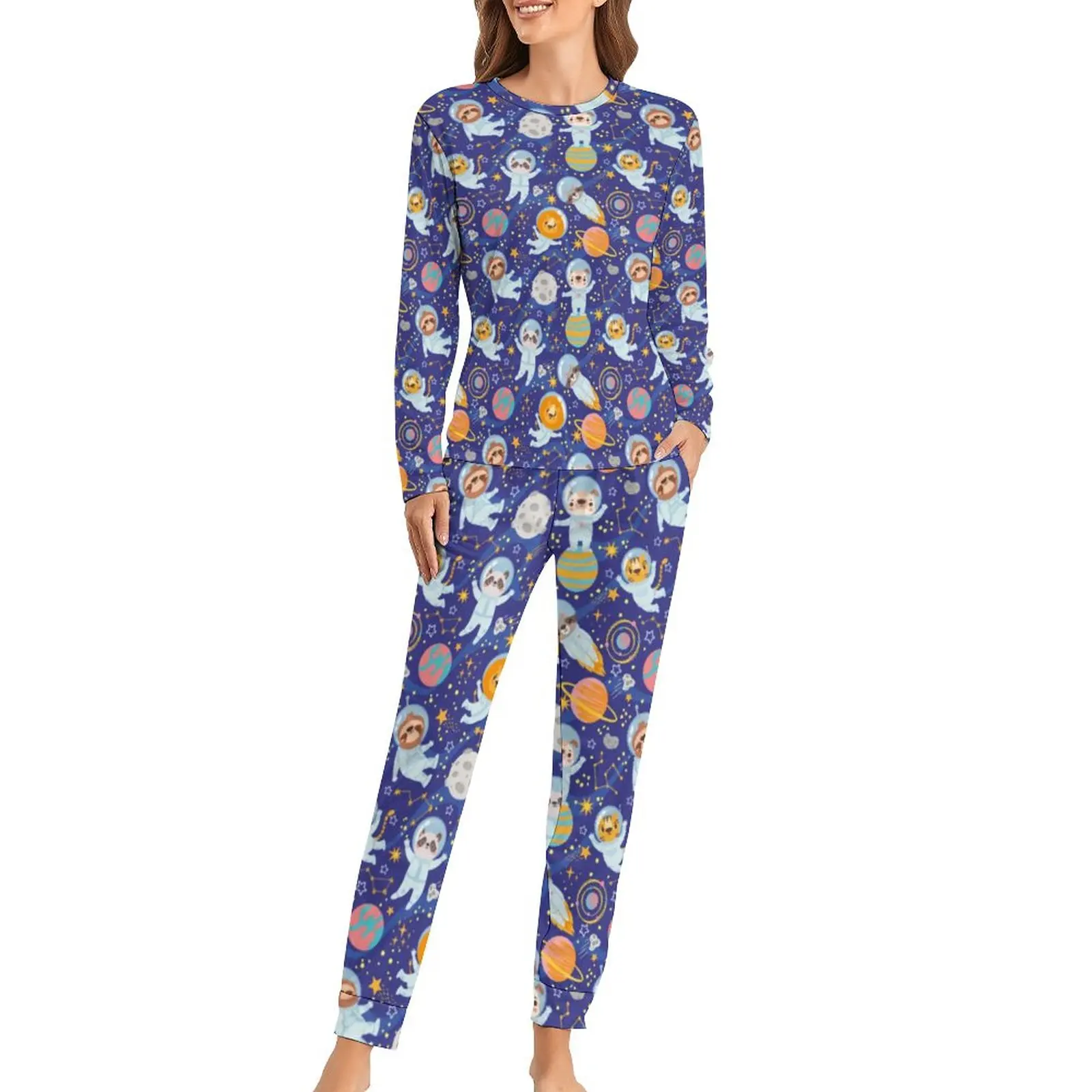 

Cartoon Sloths Print Pajamas Cool Space Animals Long Sleeves Pajama Set 2 Pieces Home Oversize Nightwear Womens Print Home Suit