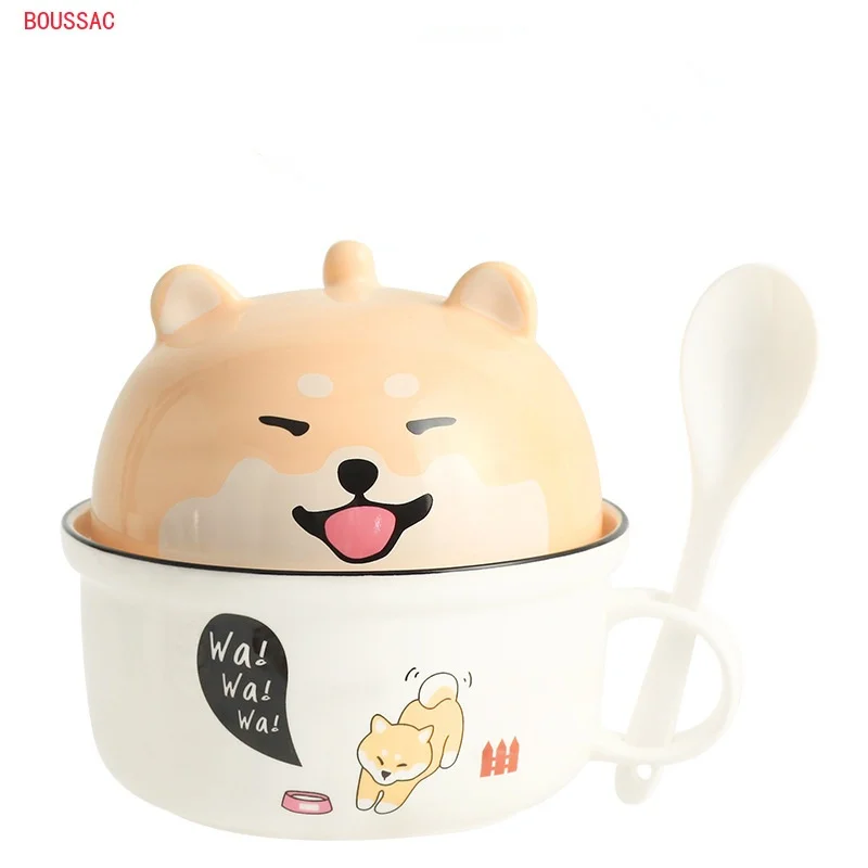 Мультяшная керамическая миска для лапши быстрого приготовления с крышкой