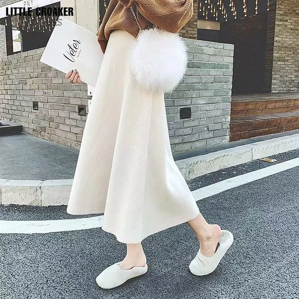 

Suede Knitted for Women 2022 Autumn Winter Casual Solid Faux Leather A Line High Waist Knee Length Skirt Female Brown Clothes