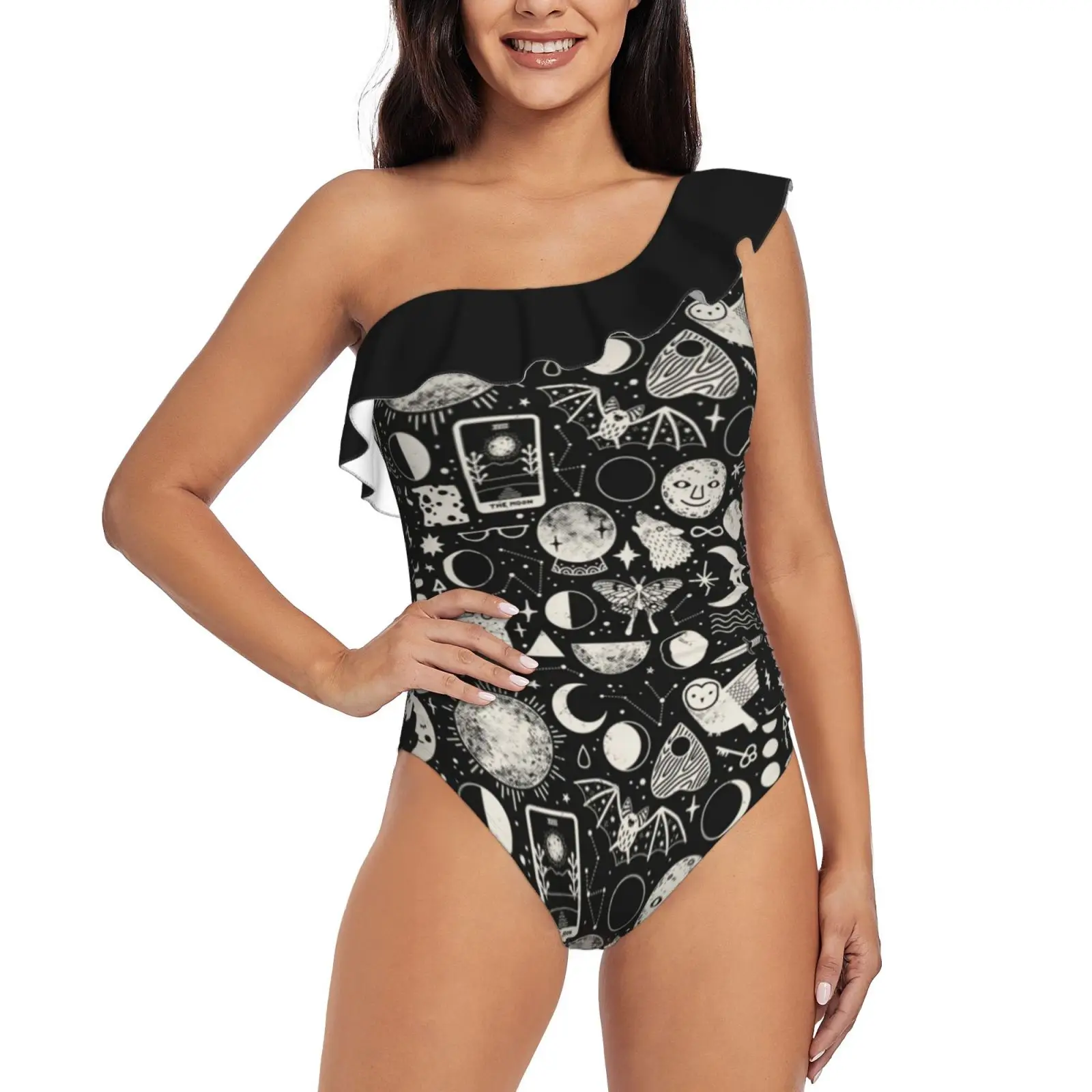 

Lunar Pattern : One Piece Swimsuit Women Ruffle Monokini Shoulder Swimsuit Bathing Suit Swim Wear Moon Lunar Luna Celestial